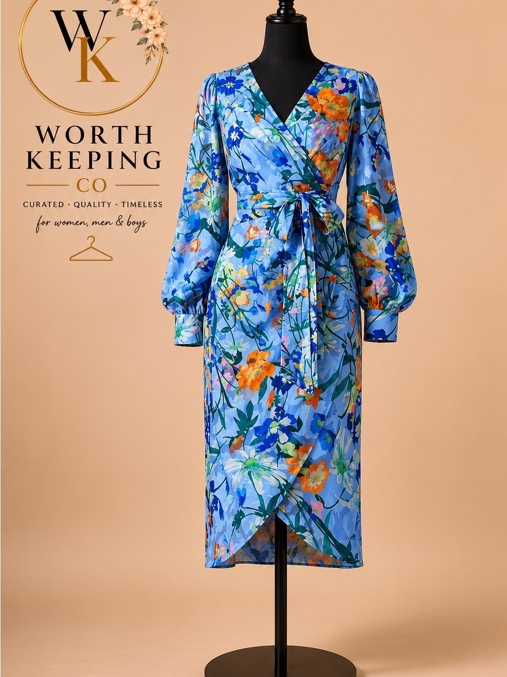 Coast Blue Floral Wrap Midi Dress with Tie Waist